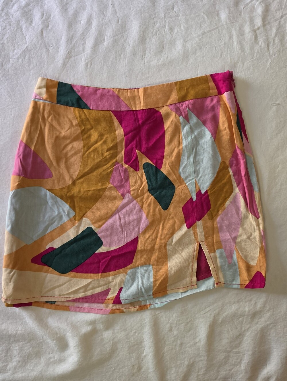 Privee Label Abstract Geometric Mini Skirt XS Rayon Mid Century Mod Retro Slit